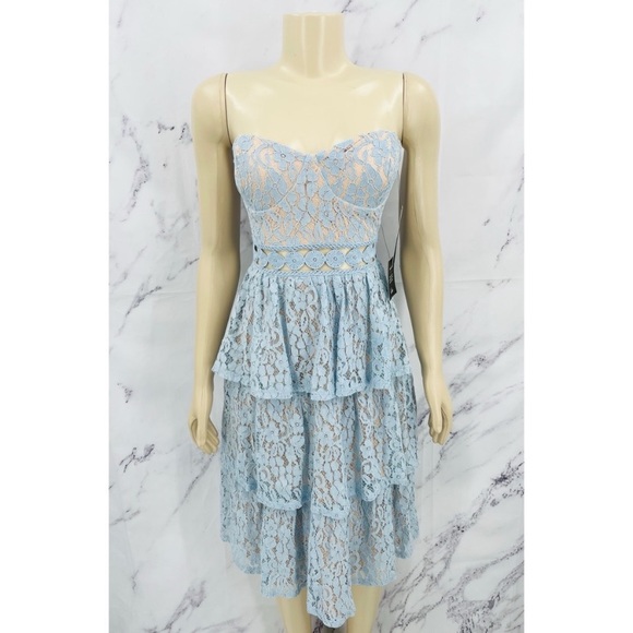 Ruffled Blue Lace Strapless Midi Dress - Picture 3 of 5